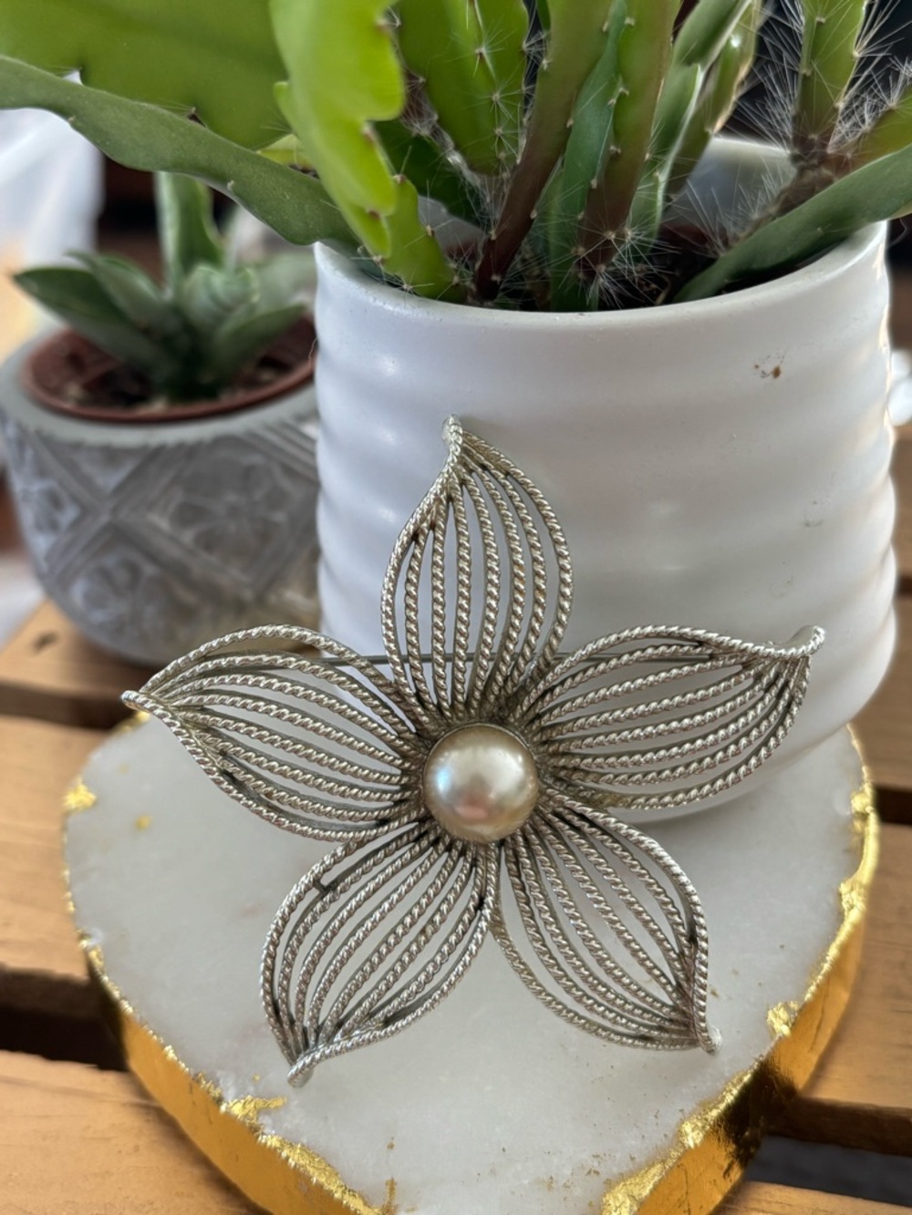 Vintage Silver “Moon Flower” Brooch by Sarah Coventry with Faux Pearl Center